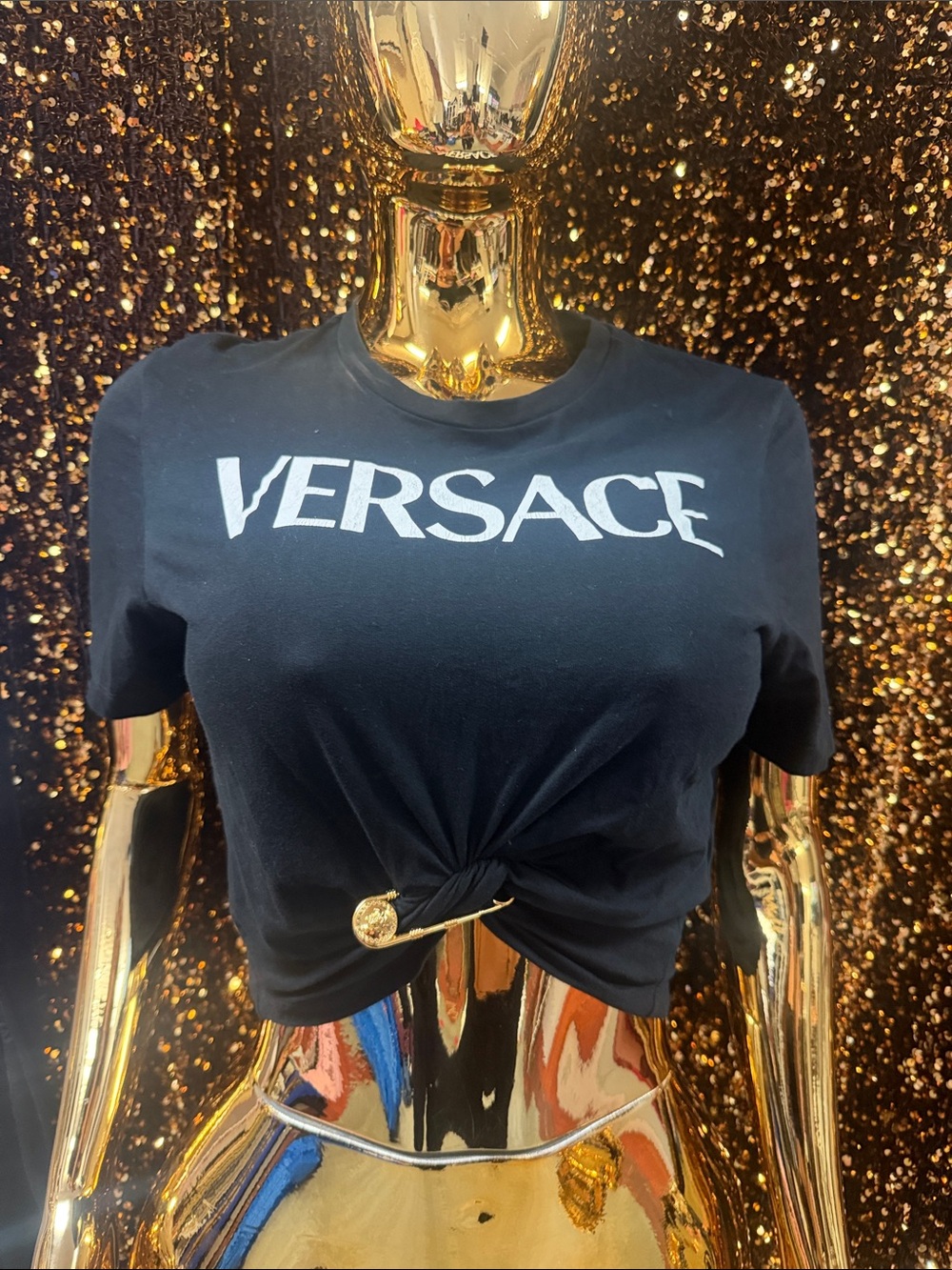 Versace Black White Logo Knot-Front Crop Top
